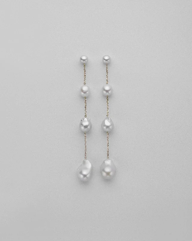 silver hoop earrings for women -SHOULDER DUSTER PEARL POST CHAIN QUAD EARRINGS