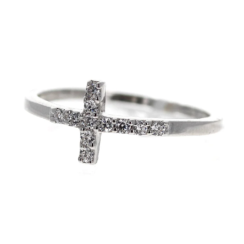 rose gold rings for women -Sideways Cross CZ Ring