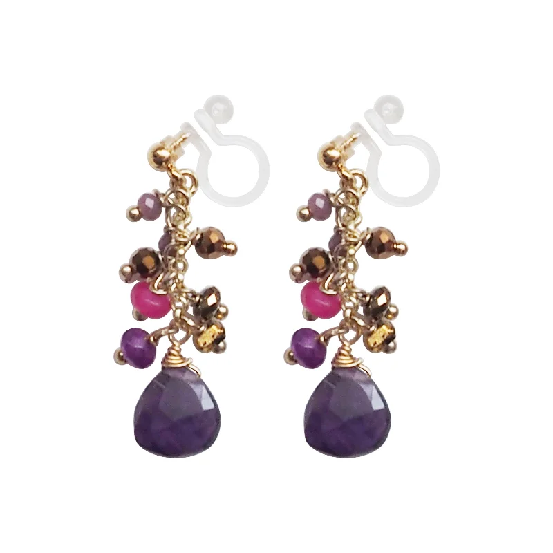 elegant dangle earrings for women -Purple Chalcedony Invisible Clip On Earrings