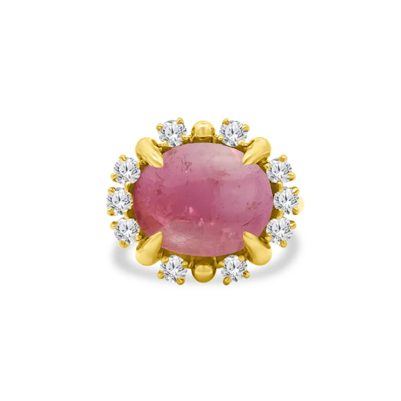 gemstone necklaces for women -Cabochon Pink Tourmaline & Diamond Halo Ring