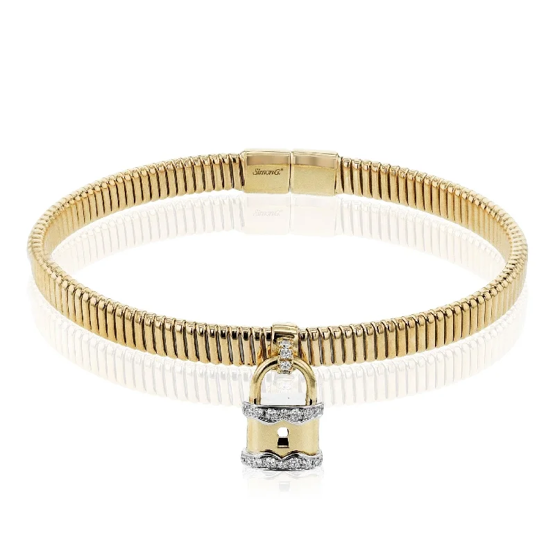 birthstone bracelets for women -Lock Bangle in 18k Gold with Diamonds