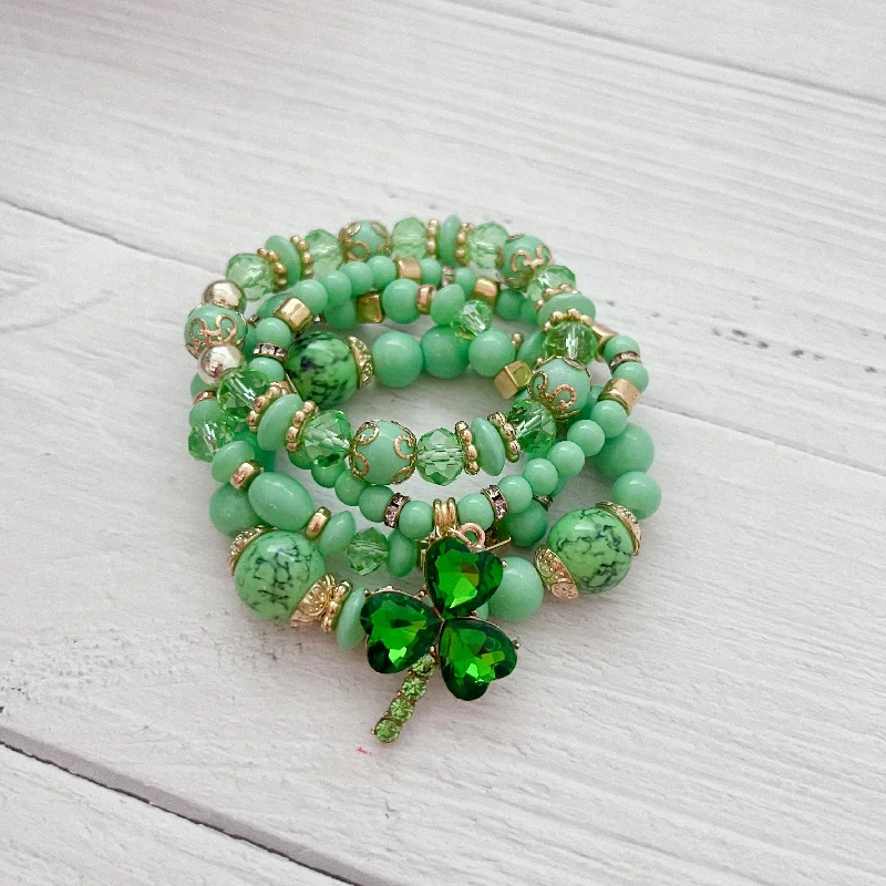 trendy bangles for women -Macaron Mint Rhinestone Shamrock Bracelet Set