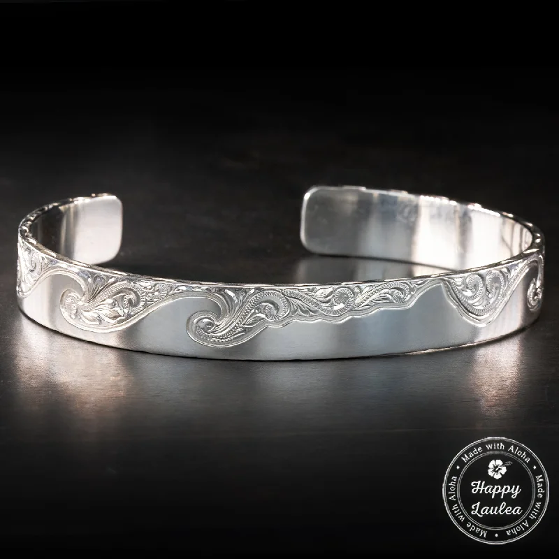 silver beaded bracelets -Sterling Silver Open Bangle [10mm width] Diamond Head Surf Design