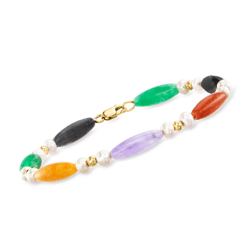 leather bangles for women -Ross-Simons 5x15mm Multicolored Jade Bead and 4-4.5mm Cultured Pearl Station Bracelet With 14kt Yellow Gold