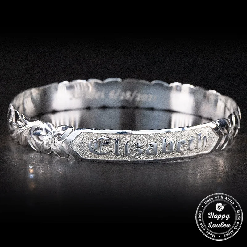 personalized bracelets for women -Sterling Silver Personalized Name Bangle & Cutout Wave Edges [10mm] Hand Engraved Hawaiian Heritage Design