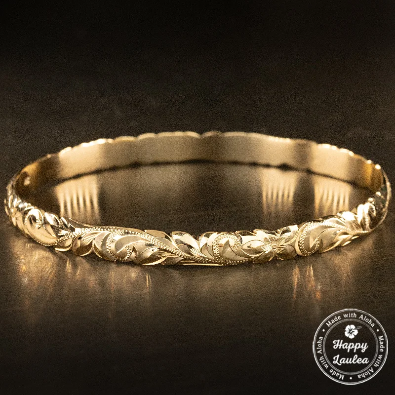 sterling silver bangles -14K Gold Hawaiian Heirloom Bangle with Cutout Wave Edges [6mm width] Barrel Shape